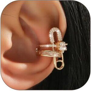 Gold Safety Pin Non Piercing Rhinestone Star Clip on Earring Cartilage Jewelry